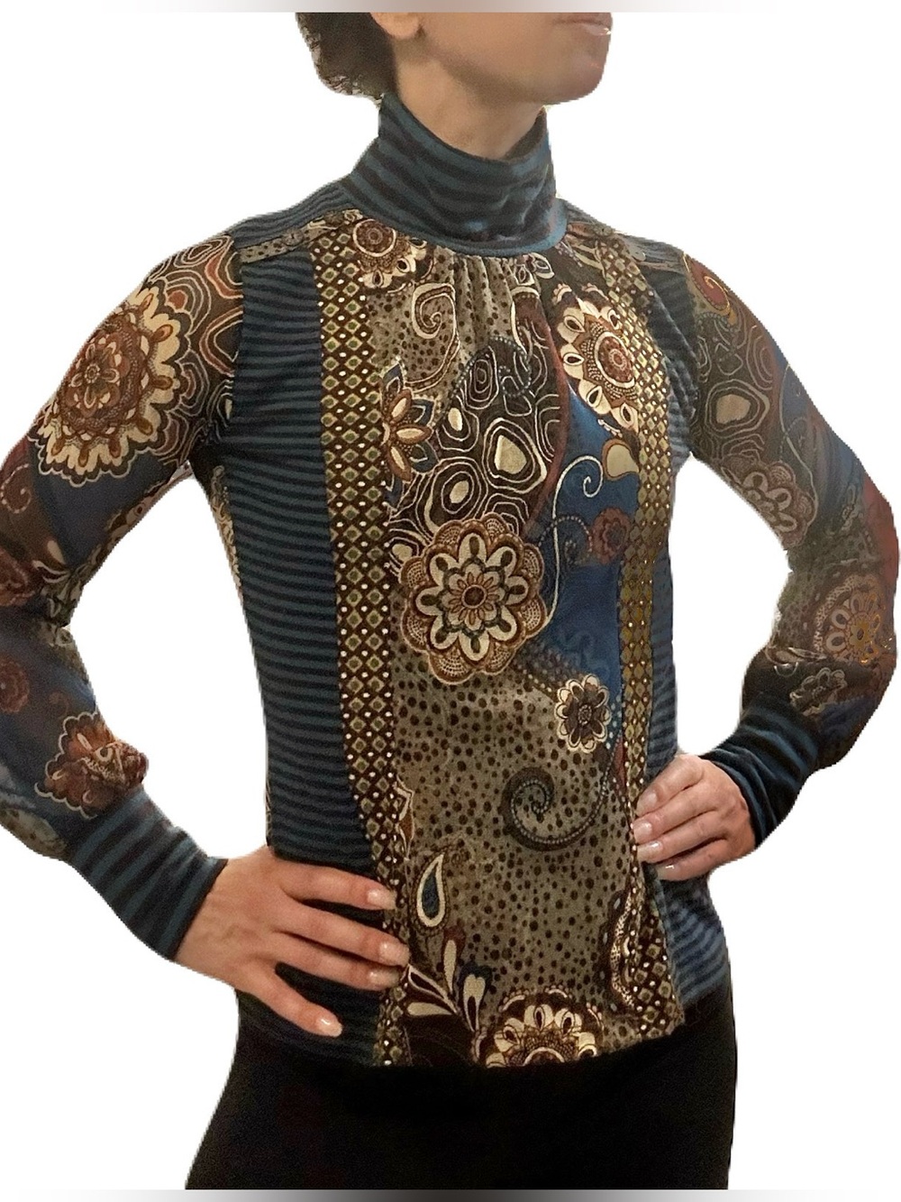 Striped and Paisley Panel Turtleneck